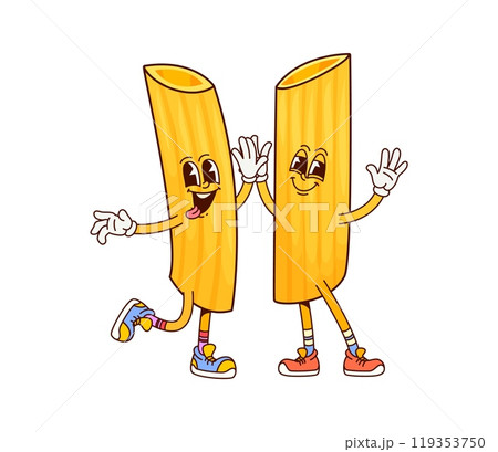 Manicotti Italian pasta groovy funny character. Italian restaurant classic gourmet groovy character, Manicotti tasty pasta or Italy cuisine menu noodle dish funny 60s 70s isolated vector personage 119353750