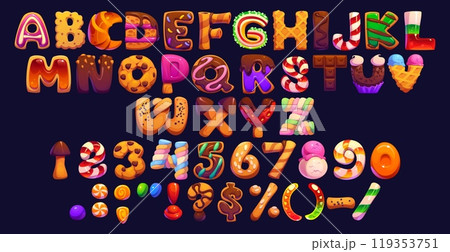 Cartoon candy and confectionery alphabet of sweets typeface and lollypop font, vector chocolate cookie type. Cartoon pastry font letters with bakery desserts and confection sweets in shape of ABC type 119353751