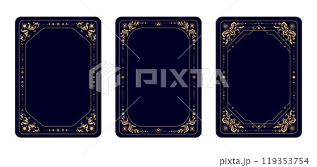 Magic esoteric Tarot cards frames for decks covers design with celestial symbols, vector backgrounds. Tarot cards frames or reverse decks with esoteric magic sun and stars and golden floral ornament 119353754