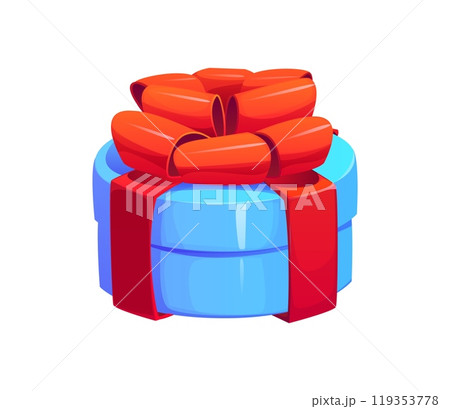 Cartoon Christmas and birthday holiday gift box. Bright and shiny blue round box wrapped with a lush red ribbon. Isolated vector xmas present or surprise conveys a festive vibe of seasonal celebration 119353778