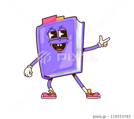 Groovy book school character. Student education cheerful cartoon mascot, child study textbook or school literature happy retro isolated vector character. Bestseller book cute isolated groovy personage Groovy book school character. Student education cheerful cartoon mascot, child study textbook or school literature happy retro isolated vector character. Bestseller book cute isolated groovy personage 119353783