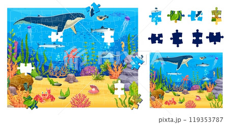 Underwater landscape with blue whale, kids jigsaw puzzle logic game. Vector worksheet with cartoon sea life creatures as fish, coral and playful crab for children logic or cognitive skills development Underwater landscape with blue whale, kids jigsaw puzzle logic game. Vector worksheet with cartoon sea life creatures as fish, coral and playful crab for children logic or cognitive skills development 119353787
