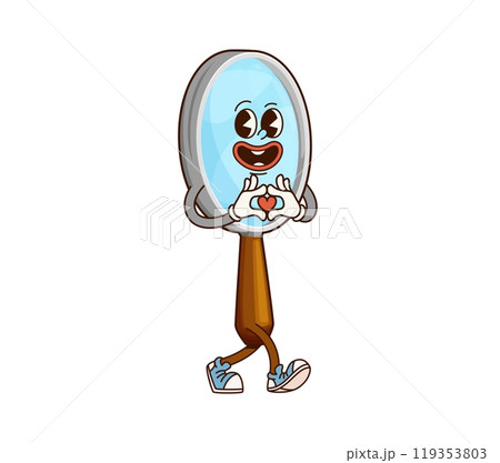 Groovy magnifying glass school character. Student education stationery comical character, science research or school supplies cheerful groovy vector mascot. Magnifying glass funny groovy personage Groovy magnifying glass school character. Student education stationery comical character, science research or school supplies cheerful groovy vector mascot. Magnifying glass funny groovy personage 119353803