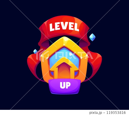 Level up game reward, rate icon for gaming interfaces and platforms. Cartoon vector pop up badge features arrow on golden shield with red ribbon, symbolizing progress, achievement player and rewards Level up game reward, rate icon for gaming interfaces and platforms. Cartoon vector pop up badge features arrow on golden shield with red ribbon, symbolizing progress, achievement player and rewards 119353816