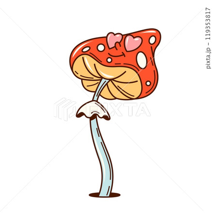 Groovy valentine mushroom character with heart-shaped eyes, exuding a playful and whimsical vibe and spreads cheerful, loving energy. Isolated cartoon vector amanita muscaria fun, quirky comic fungus 119353817