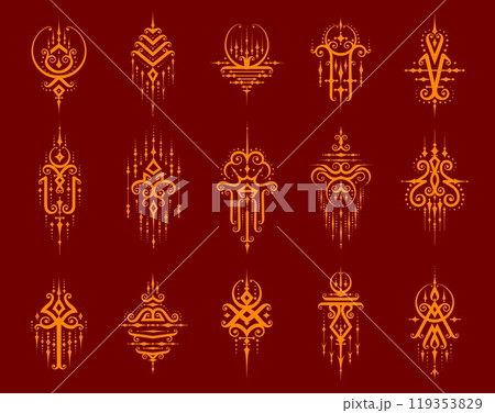 Thai sacred symbols, oriental tattoos and mystic talismans with vector gold pattern of line art elements, abstract geometric shapes. Sacred symbols, traditional Thailand ornaments and oriental motifs Thai sacred symbols, oriental tattoos and mystic talismans with vector gold pattern of line art elements, abstract geometric shapes. Sacred symbols, traditional Thailand ornaments and oriental motifs 119353829
