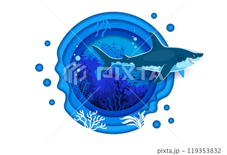 Cartoon paper cut underwater landscape with funny shark and undersea fishes, vector banner. Sea or ocean life of underwater animals and coral reef in paper cut water with shark and stingray silhouette 119353832