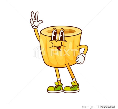 Italian pasta Ditalini groovy childish character. Italy cuisine menu classic noodle dish groovy character, Italian restaurant meal or Ditalini tasty pasta cartoon funky isolated vector cute mascot 119353838