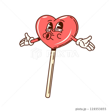 Groovy valentine lollypop heart character. Isolated cartoon vector retro candy with playful expression, extending its arms expressing love, fun, affection and sweetness for Valentines day celebration Groovy valentine lollypop heart character. Isolated cartoon vector retro candy with playful expression, extending its arms expressing love, fun, affection and sweetness for Valentines day celebration 119353855