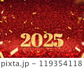 happy new year 2025 3d rendering gold color on red glitter background 119354118