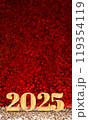 happy new year 2025 3d rendering gold color on red glitter background 119354119