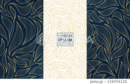 Vector art deco gold leaves pattern, floral abstract texture, vintage nature fancy cards. Nouveau motif, elegant jungle package Vector art deco gold leaves pattern, floral abstract texture, vintage nature fancy cards. Nouveau motif, elegant jungle package 119354128