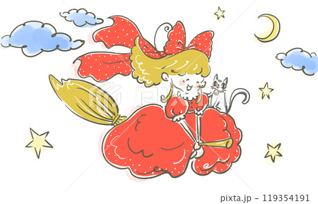 魔法のほうきで空を飛ぶ、魔女の女の子と猫 119354191