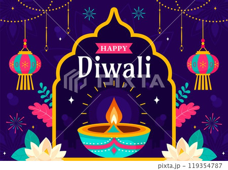 Diwali Festival of Lights Vector Illustration featuring Traditional Indian Rangoli Decoration, Festive Lamp and Fireworks in a Holiday Flat Background 119354787