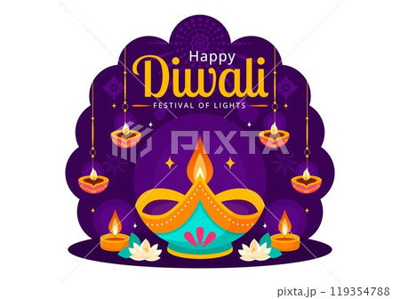 Diwali Festival of Lights Vector Illustration featuring Traditional Indian Rangoli Decoration, Festive Lamp and Fireworks in a Holiday Flat Background Diwali Festival of Lights Vector Illustration featuring Traditional Indian Rangoli Decoration, Festive Lamp and Fireworks in a Holiday Flat Background 119354788