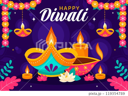 Diwali Festival of Lights Vector Illustration featuring Traditional Indian Rangoli Decoration, Festive Lamp and Fireworks in a Holiday Flat Background 119354789