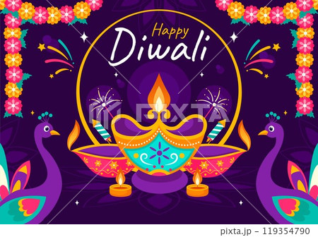 Diwali Festival of Lights Vector Illustration featuring Traditional Indian Rangoli Decoration, Festive Lamp and Fireworks in a Holiday Flat Background 119354790