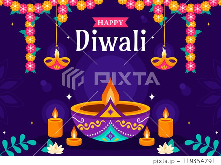 Diwali Festival of Lights Vector Illustration featuring Traditional Indian Rangoli Decoration, Festive Lamp and Fireworks in a Holiday Flat Background 119354791