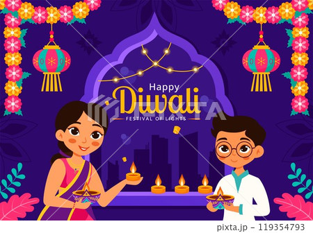 Diwali Festival of Lights Vector Illustration featuring Traditional Indian Rangoli Decoration, Festive Lamp and Fireworks in a Holiday Flat Background 119354793