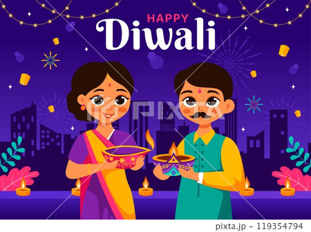 Diwali Festival of Lights Vector Illustration featuring Traditional Indian Rangoli Decoration, Festive Lamp and Fireworks in a Holiday Flat Background Diwali Festival of Lights Vector Illustration featuring Traditional Indian Rangoli Decoration, Festive Lamp and Fireworks in a Holiday Flat Background 119354794