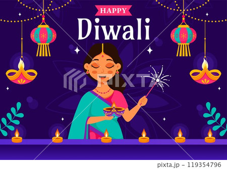 Diwali Festival of Lights Vector Illustration featuring Traditional Indian Rangoli Decoration, Festive Lamp and Fireworks in a Holiday Flat Background Diwali Festival of Lights Vector Illustration featuring Traditional Indian Rangoli Decoration, Festive Lamp and Fireworks in a Holiday Flat Background 119354796