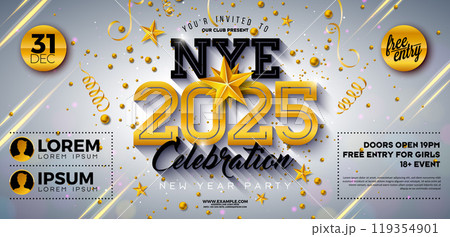 Happy New Year 2025 Party Celebration Banner Template Illustration with Golden Typography Lettering on White Background. Vector New Year Eve Holiday Design. Premium Invitation Flyer or Promo Poster. 119354901