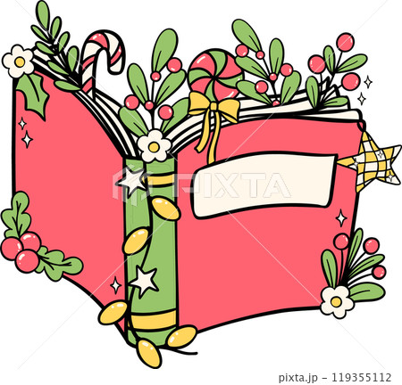 Festive Groovy Christmas book opened hand drawn illustration Festive Groovy Christmas book opened hand drawn illustration 119355112