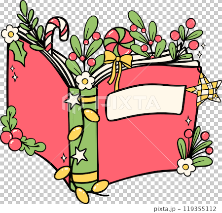 Festive Groovy Christmas book opened hand drawn illustration Festive Groovy Christmas book opened hand drawn illustration 119355112