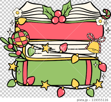 stacked Festive Groovy Christmas books hand drawn illustration 119355116