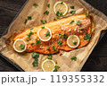 Baked Trout with Garlic and Butter. Keto Diet 119355332