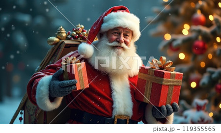 Santa Claus holds gift boxes. Christmas tree on festive background. Concept of Christmas and New Year Santa Claus holds gift boxes. Christmas tree on festive background. Concept of Christmas and New Year 119355565
