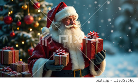 Santa Claus holds gift boxes. Christmas tree on festive background. Concept of Christmas and New Year Santa Claus holds gift boxes. Christmas tree on festive background. Concept of Christmas and New Year 119355566