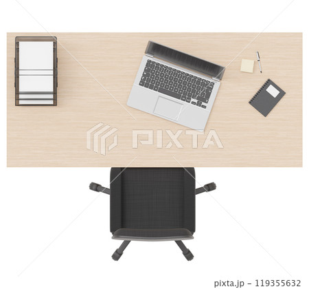 Wooden desk with office chair, isolated on white background. Cut out furniture. Contemporary, minimalist style. Top view, floor plan element. Modern workspace aesthetic. 3D render. 119355632