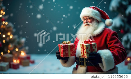 Santa Claus holds gift boxes. Christmas tree on festive background. Concept of Christmas and New Year Santa Claus holds gift boxes. Christmas tree on festive background. Concept of Christmas and New Year 119355696