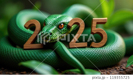 Green snake lies on the numbers of 2025. Symbol of the coming New Year 119355725