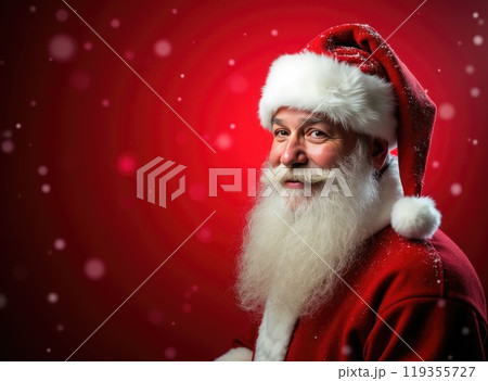 Santa Claus on red festive background. Concept of Christmas and New Year Santa Claus on red festive background. Concept of Christmas and New Year 119355727