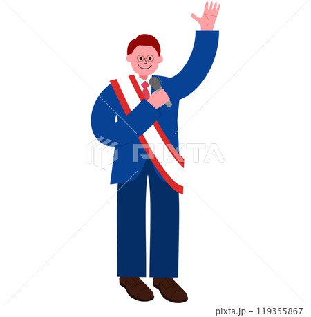 選挙演説で聴衆に手を振るスーツを着たメガネの男性候補者の全身のイラスト 選挙演説で聴衆に手を振るスーツを着たメガネの男性候補者の全身のイラスト 119355867