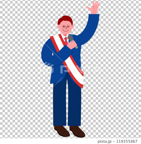 選挙演説で聴衆に手を振るスーツを着たメガネの男性候補者の全身のイラスト 選挙演説で聴衆に手を振るスーツを着たメガネの男性候補者の全身のイラスト 119355867