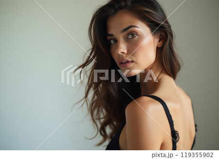 Beautiful young woman model in sexy luxury bra on light background. Generative AI 119355902