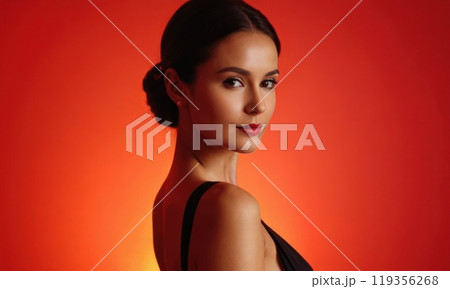 Model luxury woman in dress, backlight on red background. Generative AI Model luxury woman in dress, backlight on red background. Generative AI 119356268