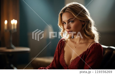 Young pretty model woman blonde alone in the lobby bar. Geverative AI Young pretty model woman blonde alone in the lobby bar. Geverative AI 119356269