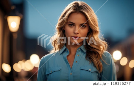 Young woman blonde in denim shirt against the background of an evening street with lanterns. Geverative AI 119356277