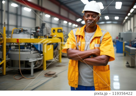 Portrait of Industry factory maintenance engineer, worker or twearing uniform and safety helmet in factory. Engineer,Industry and construction concept. Generative AI 119356422