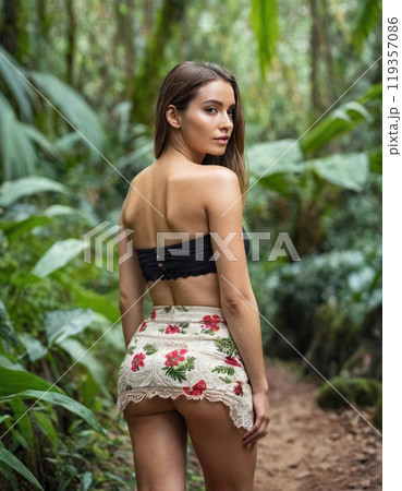 Beautiful girl in a mini skirt and a mini top stands rear view to the tropic forest or jungles. Generative AI 119357086