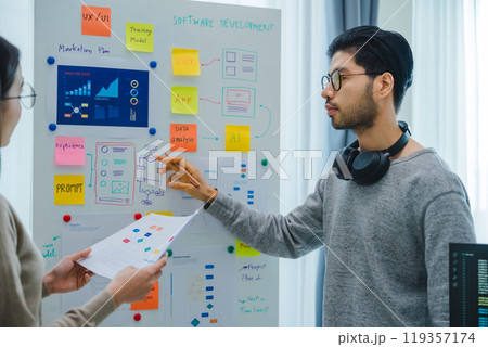 Developer team present project interface design with board and solving problem at office 119357174