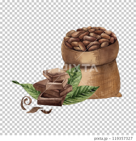 Cocoa beans in burlap with leaves and chocolate pieces watercolor illustration. Hand drawn jute bag full of beans and seeds in brown and green tones for botanical style chocolate packaging design Cocoa beans in burlap with leaves and chocolate pieces watercolor illustration. Hand drawn jute bag full of beans and seeds in brown and green tones for botanical style chocolate packaging design 119357327