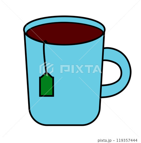 Cup of tea with teabag isolated on a white background. Hand drawn doodle style. Vector flat illustration. Cup of tea with teabag isolated on a white background. Hand drawn doodle style. Vector flat illustration. 119357444