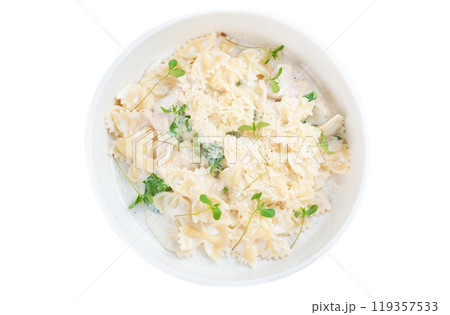 Fettuccine Alfredo or fettuccine al burro on white background for menu top view Fettuccine Alfredo or fettuccine al burro on white background for menu top view 119357533