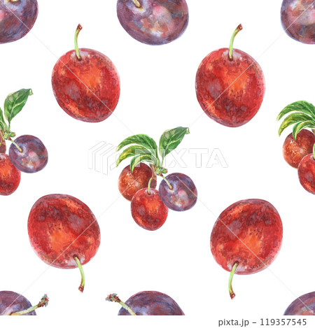 Pattern seamless of plums branches with leaves. Ripe berries on bunches of fruit tree hand drawn in watercolor. Fruits are painted very brightly red, burgundy, purple and green colors. This pattern 119357545