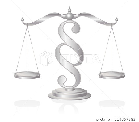 Scales of Justice, a silver colored symbol of measuring support and opposition of a case. Set of scales in balance on a paragraph sign. Lady Justice, Iustitia, is often depicted with a set of scales. 119357583